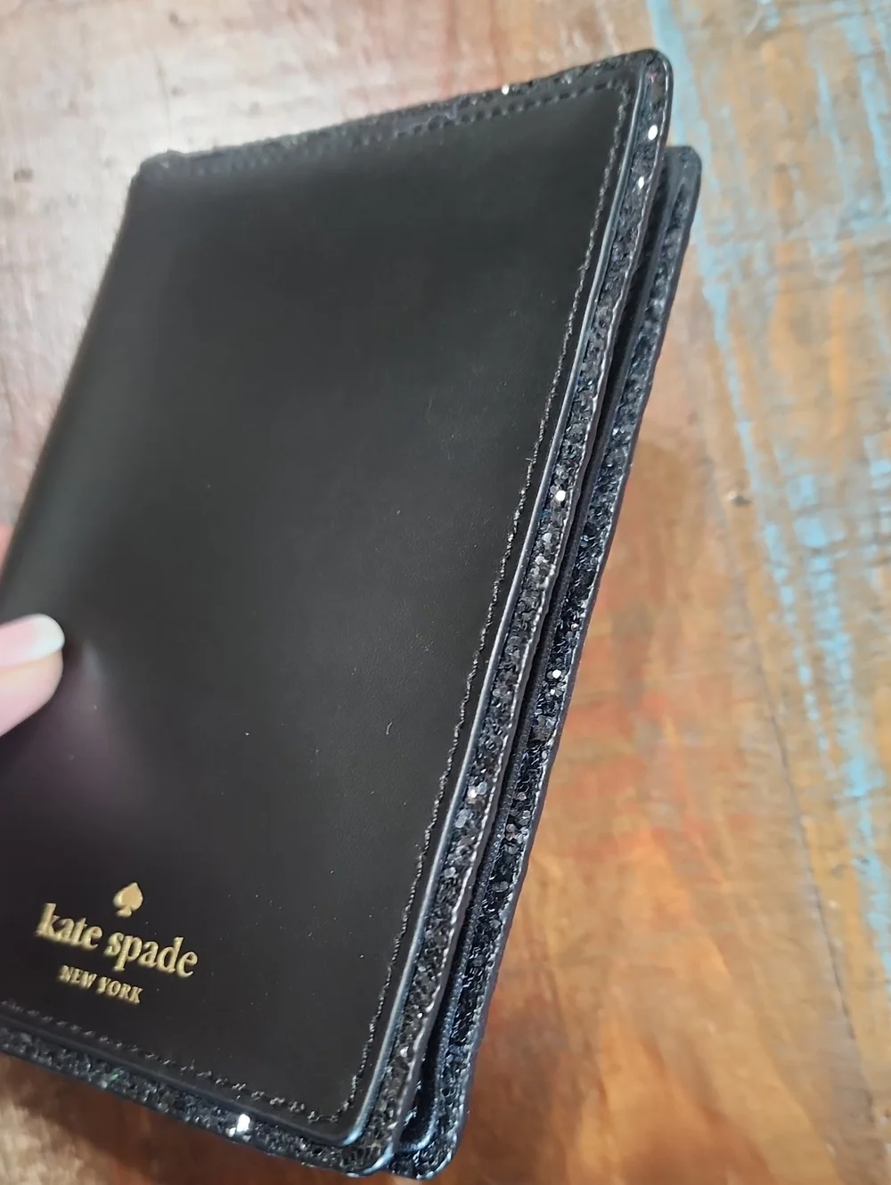 Kate Spade Black Leather Travel Card Passport Holder Sparkle NWT